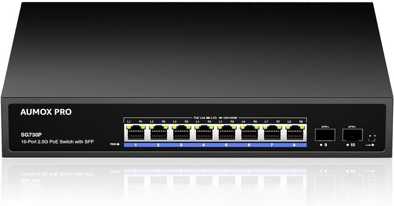 AUMOX PRO Upgrade 10 Port 2.5G PoE Switch, 8 Port 2.5G Network Unmanaged Switch with 2x10G SFP Gigabit Ethernet Unmanaged PoE Switch 120W,Compatible with 100/1000/2500Mbps for AP, NAS, PC Plug and Play - Image 1